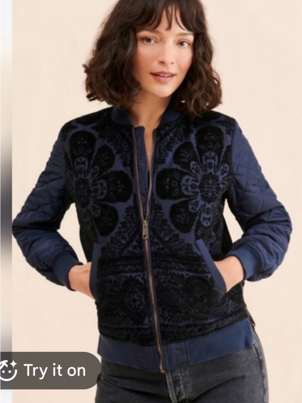 Anthropologie Navy Quilted Floral Bomber Jacket